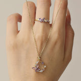 Monarch Butterfly Amethyst Opal Ring and Necklace Set (Yellow Gold)