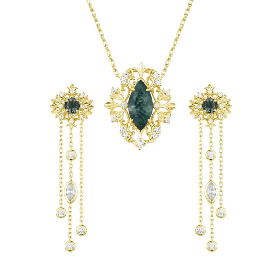 Trellis Moss Agate Necklace and Earrings Set (Yellow Gold)