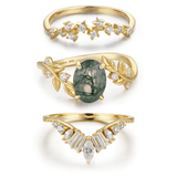 Between the Leaf Oval Cut Moss Agate©, Hillcrest, and Starry Night Yellow Gold Ring Set