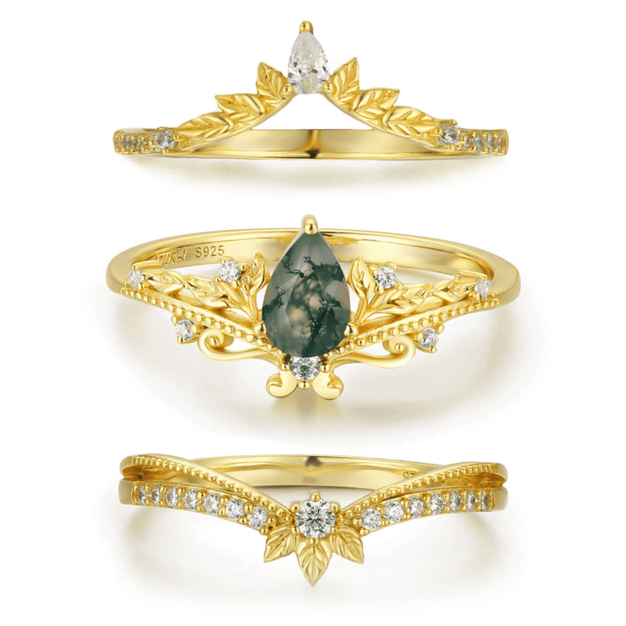 Lotus Moss Agate©, Abloom, and Woodland Ring Set (Yellow Gold)