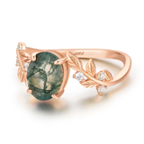 Between the Leaf Oval Cut Moss Agate Ring (10K Solid Rose Gold)©