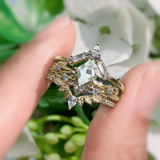 Victorian Lace Sky Blue Topaz©, Monte Arc, and Woodland Ring Set (Yellow Gold)