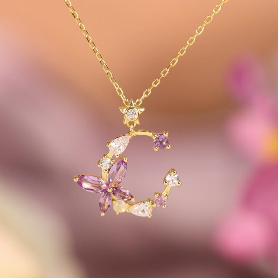 Monarch Butterfly Amethyst Opal Necklace (Yellow Gold)