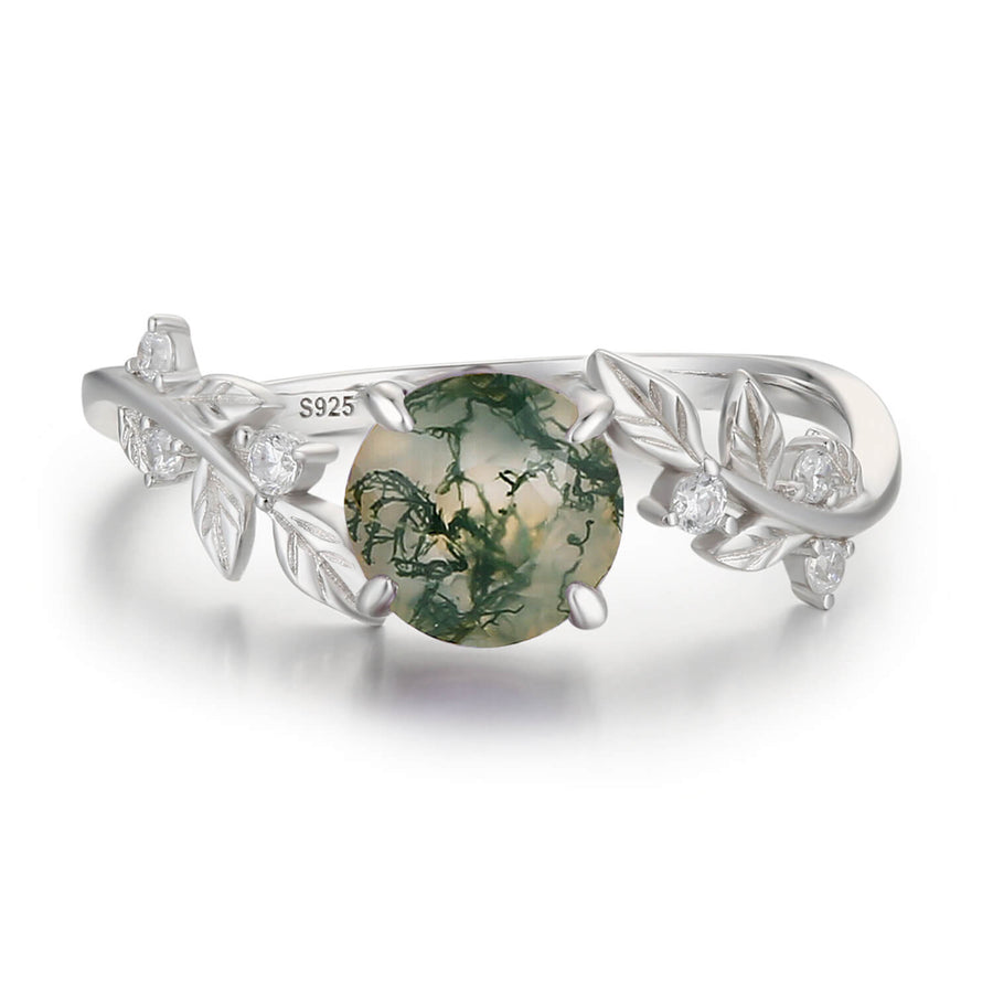 Between the Leaf Round Moss Agate Ring