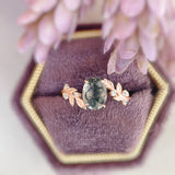 Between the Leaf Oval Cut Moss Agate Ring (10K Solid Rose Gold)©