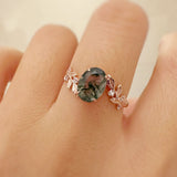 Between the Leaf Oval Cut Moss Agate Ring (10K Solid Rose Gold)©