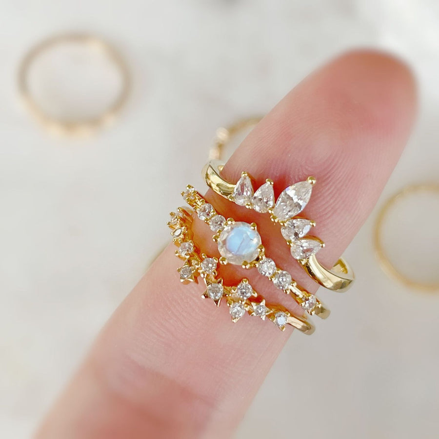 The Center of the Universe Moonstone Ring & Supreme White Topaz Ring Set (Yellow Gold)