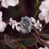 Between the Leaf Oval Cut Moss Agate Ring©