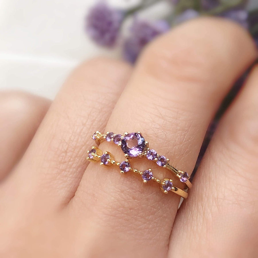 The Center of the Universe Amethyst Ring (Yellow Gold) & Amethyst Celestial Ring (Yellow Gold)