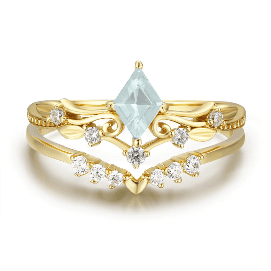 Victorian Lace Aquamarine© and Hearty Heart Ring Set (Yellow Gold)
