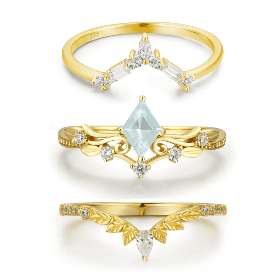 Victorian Lace Aquamarine©, Monte Arc, and Woodland Ring Set (Yellow Gold)