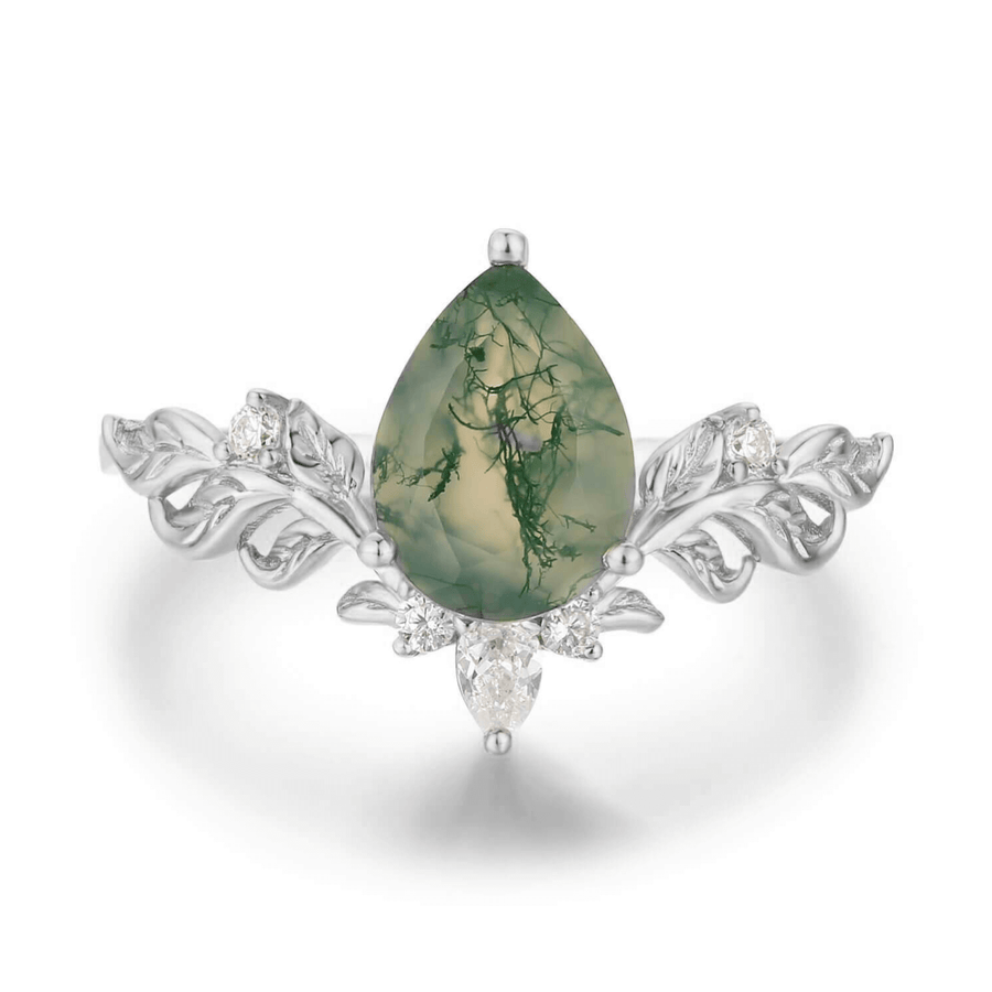 10K White Gold- Dewdrop Moss Agate Ring- Size 8.5