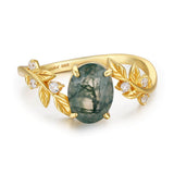 Between the Leaf Oval Cut Moss Agate Ring (Yellow Gold)©