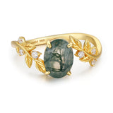 Between the Leaf Oval Cut Moss Agate Ring (Yellow Gold)©