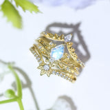 Lotus Moonstone©, Abloom, and Woodland Ring Set (Yellow Gold)