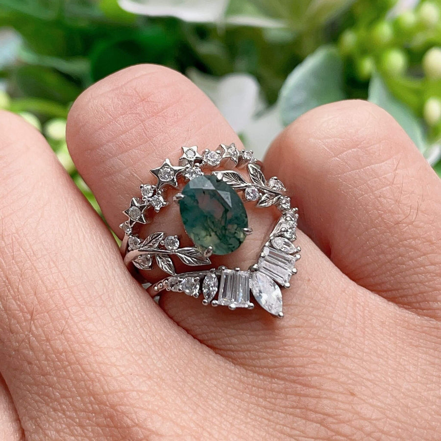 Between the Leaf Moss Agate©, Hillcrest, and Starry Night Ring Set