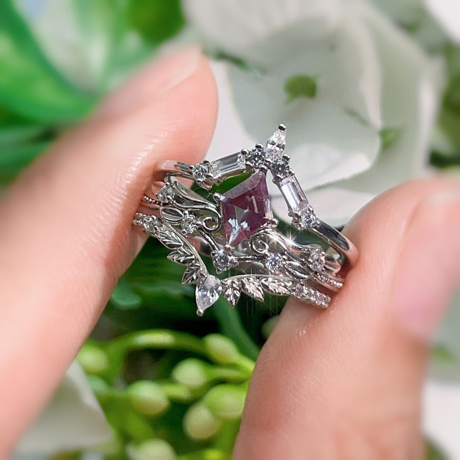 Victorian Lace Alexandrite©, Monte Arc, and Woodland Ring Set (White Gold)