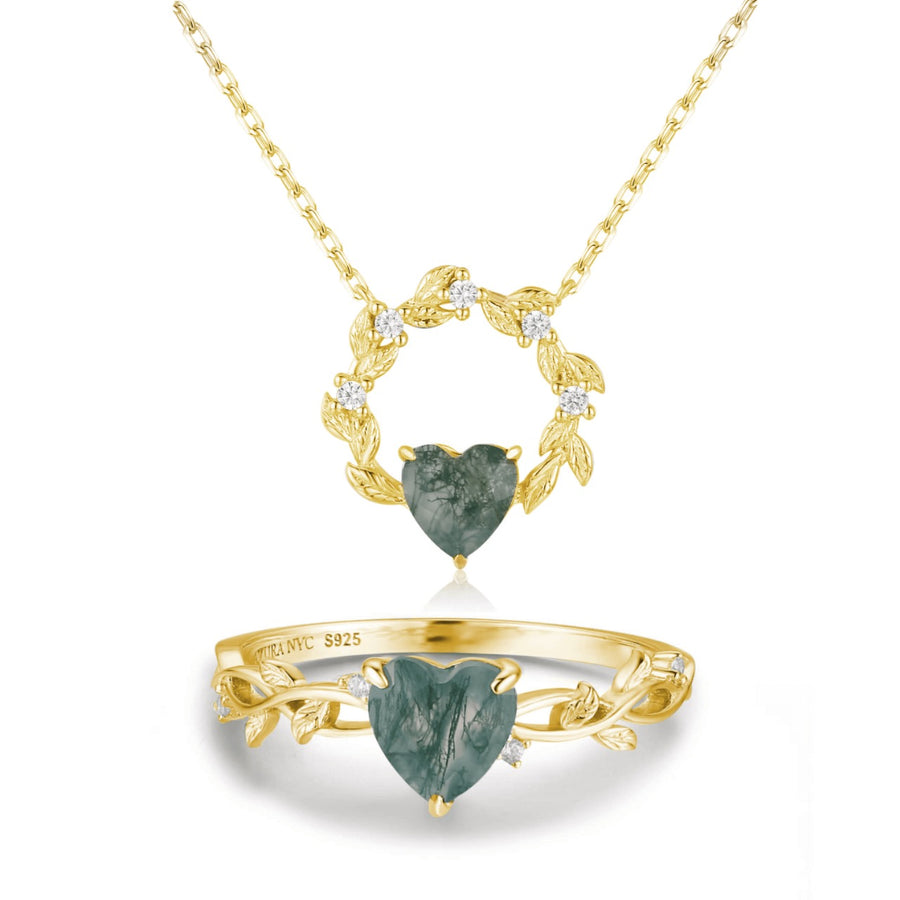 Everlasting© and Heart’s Desire Moss Agate© Ring and Necklace Set (Yellow Gold)