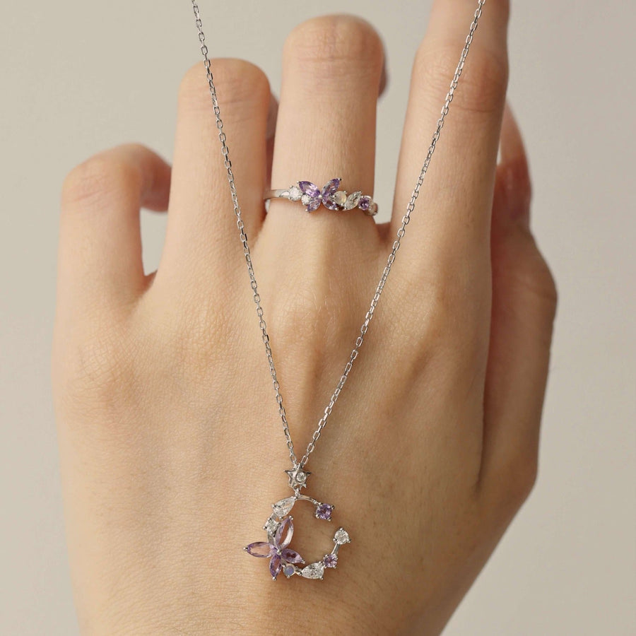 Monarch Butterfly Amethyst Opal Ring and Necklace Set