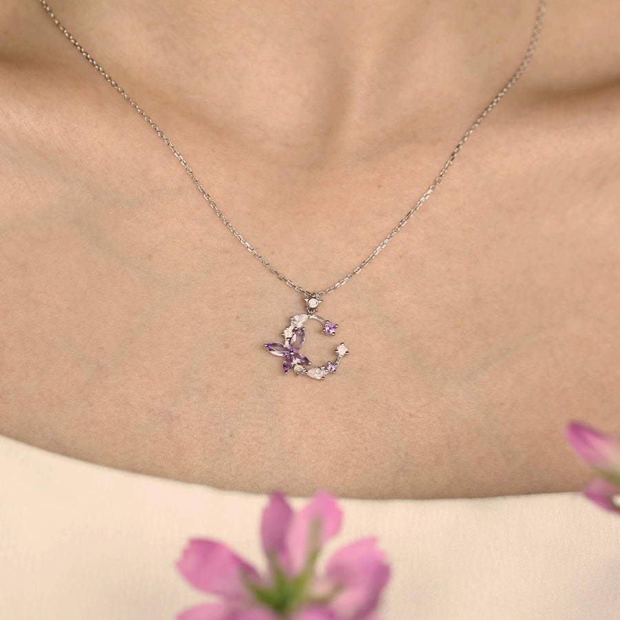 Monarch Butterfly Amethyst Opal Necklace (White Gold)