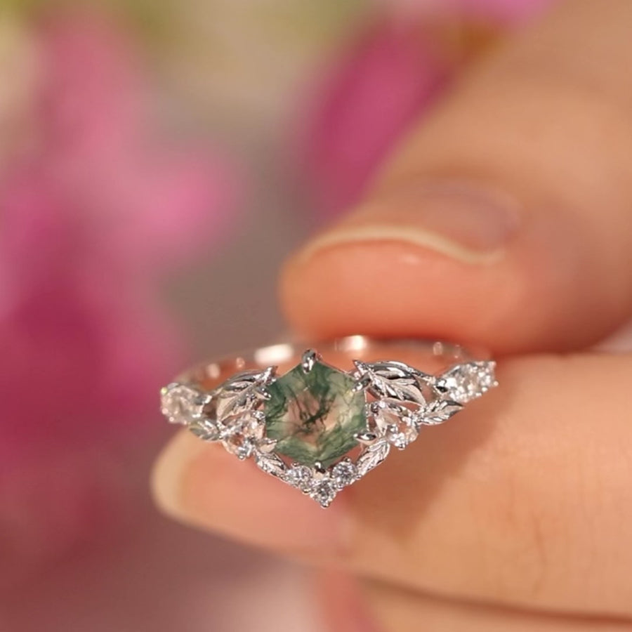 Fae Meadow Moss Agate Ring (White Gold)
