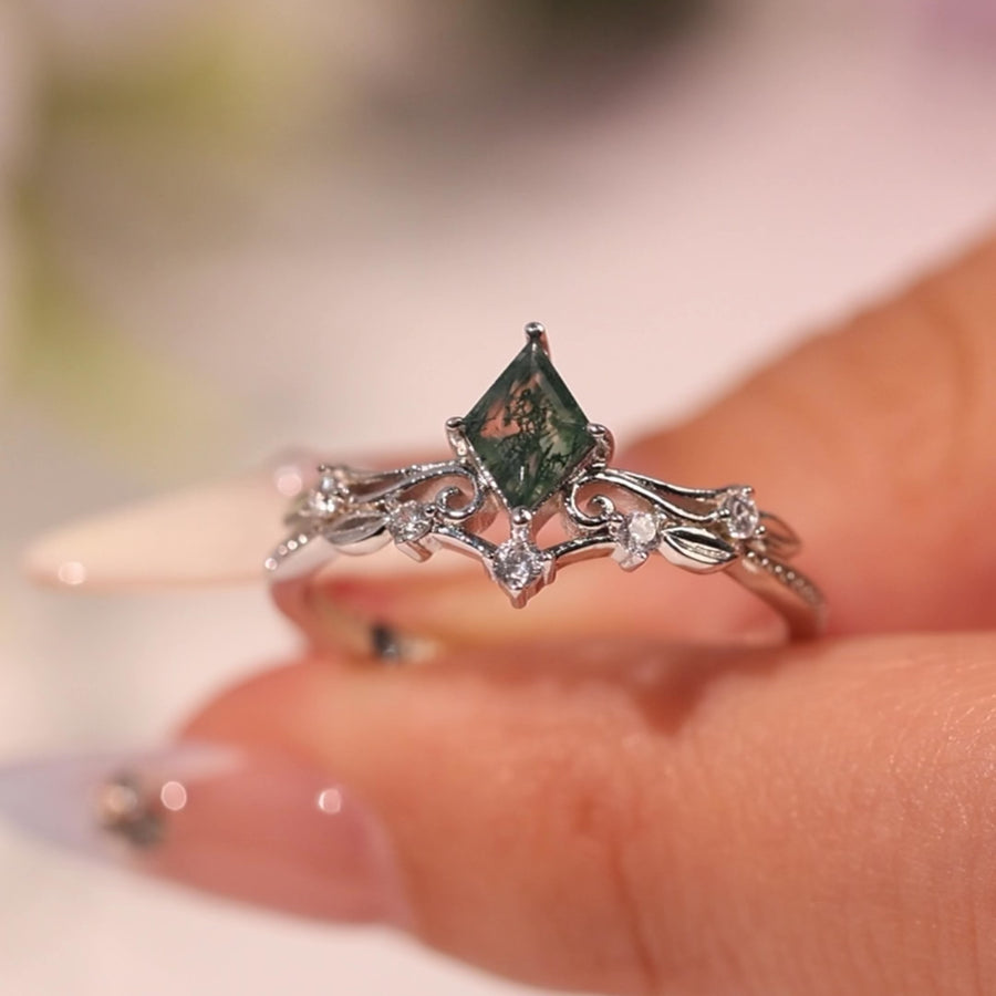 Woodland and Victorian Lace Moss Agate© Ring Set (White Gold)