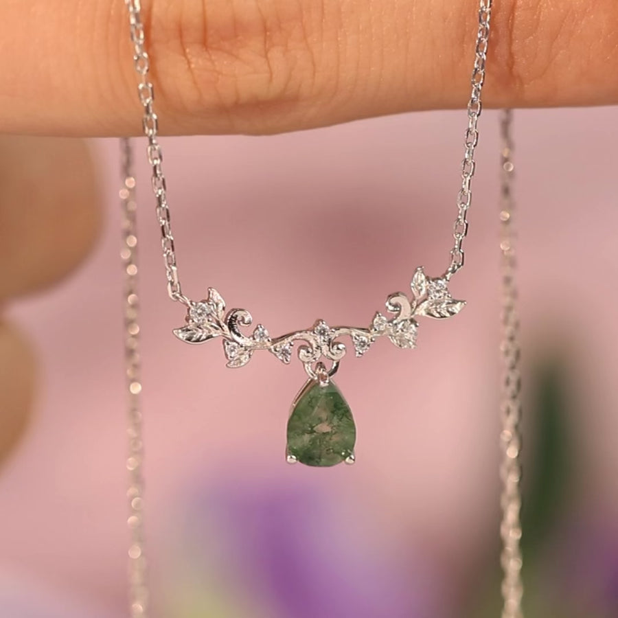 Foliage Whispers Moss Agate White Gold Necklace