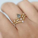 Woodland and Victorian Lace Moss Agate© Ring Set (Yellow Gold)