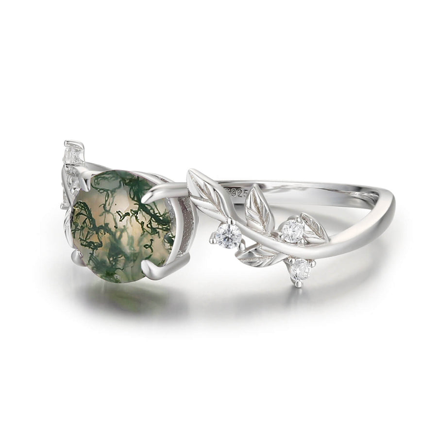 Between the Leaf Round Moss Agate Ring (White Gold)©