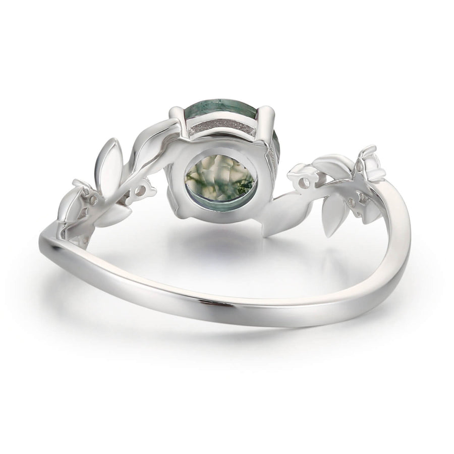 Between the Leaf Round Moss Agate Ring (White Gold)©