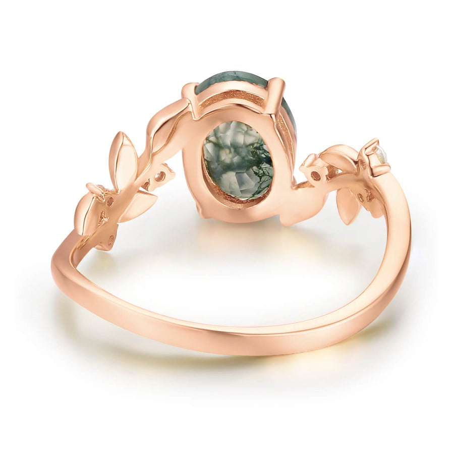 Between the Leaf Oval Moss Agate Ring (10K Solid Rose Gold)©