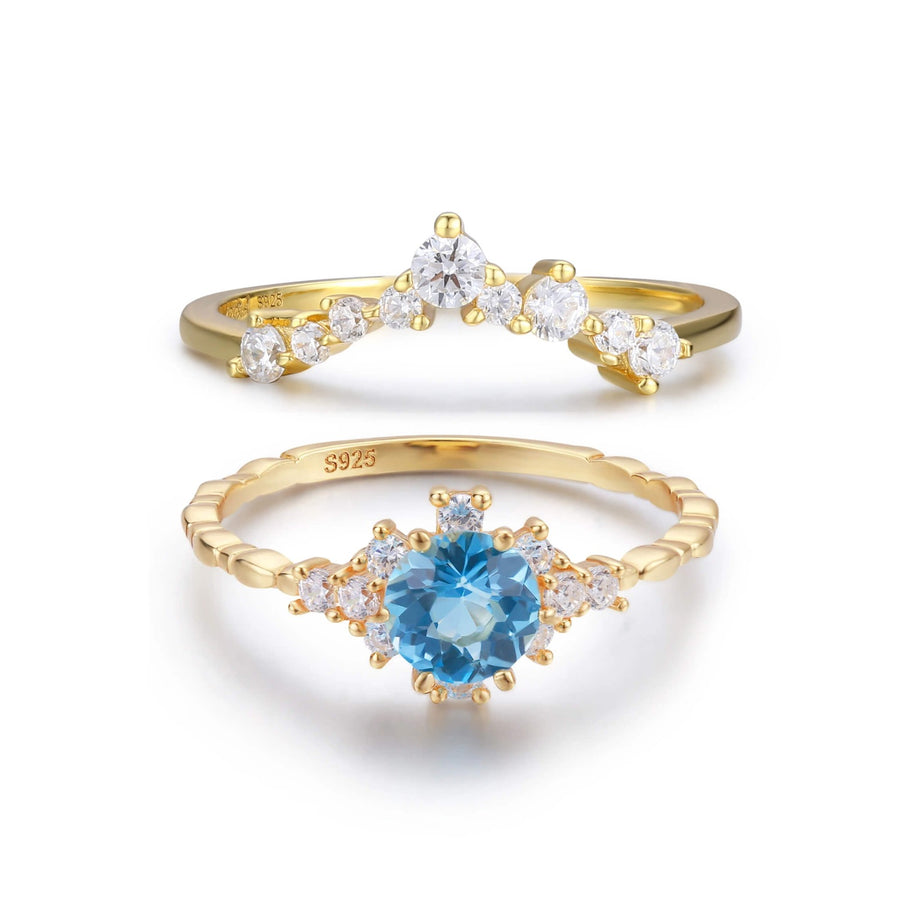Clarity Blue Topaz Ring (Yellow Gold) & Twinkle Band Ring (Yellow Gold)
