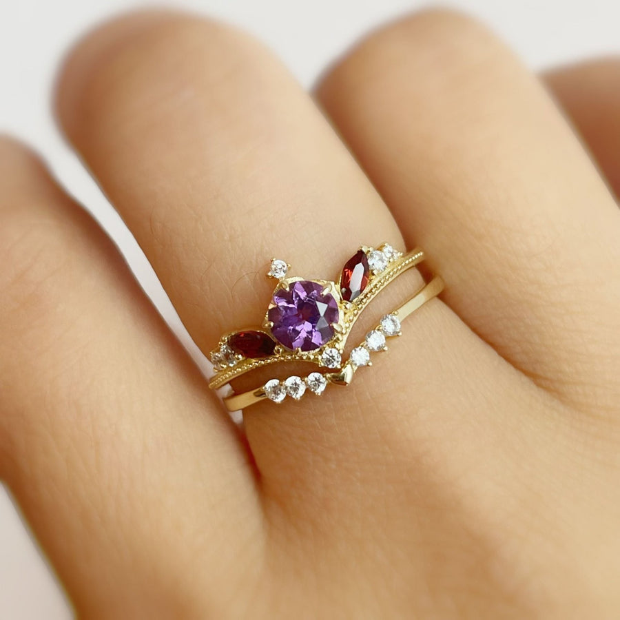 Forest Crown Amethyst Red Garnet Ring Set  (Yellow Gold)
