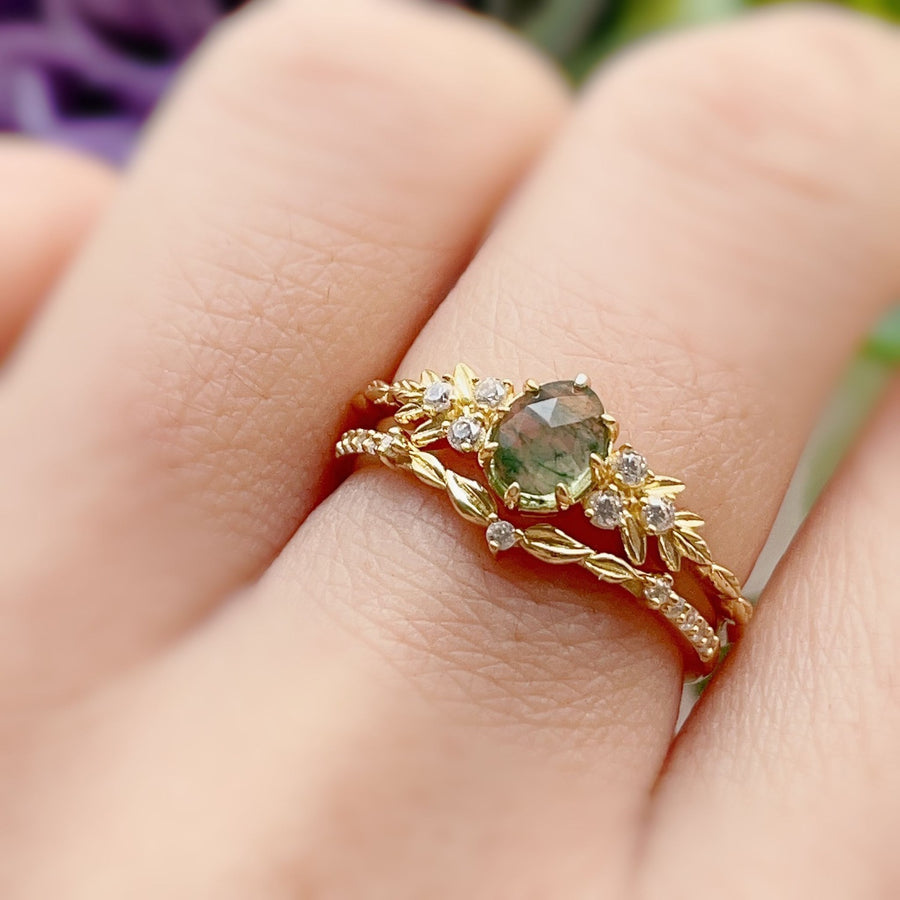 Wildflower Moss Agate Ring (Yellow Gold)